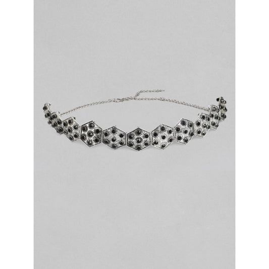 indoraa Women's Rose Gold Plated Alloy Choker (Silver &amp; Black)