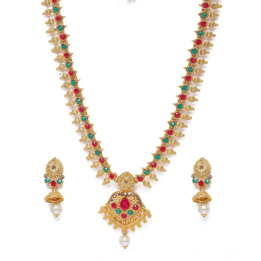indoraa Women's Rose Gold Plated Alloy Necklace &amp; Earings Set (Green &amp; Red)