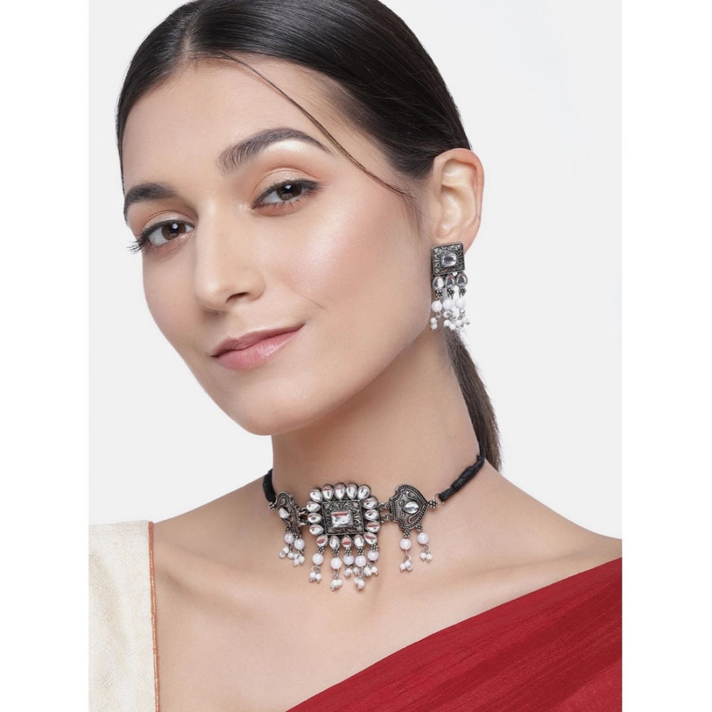 indoraa Women's Rose Gold Plated Alloy Necklace &amp; Earings Set (Silver)