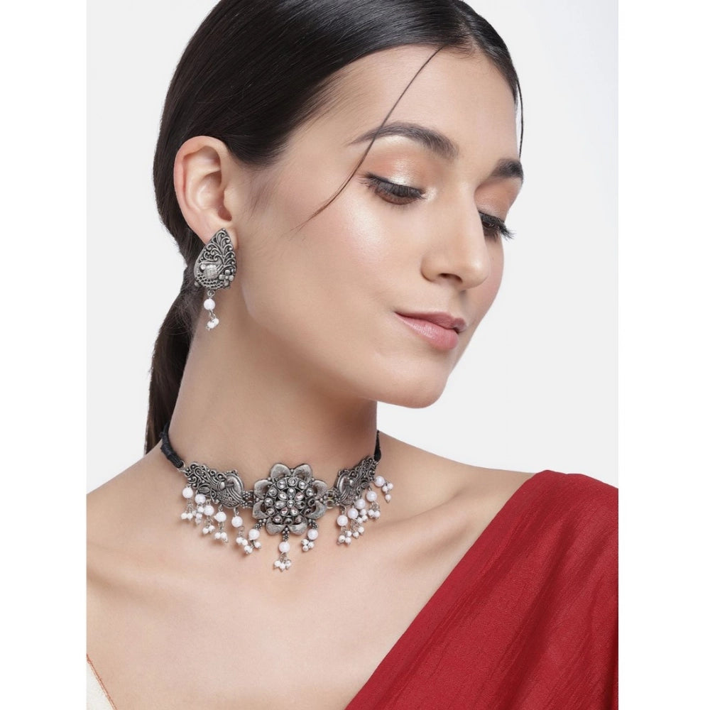 indoraa Women's Rose Gold Plated Alloy Necklace &amp; Earings Set (Silver)