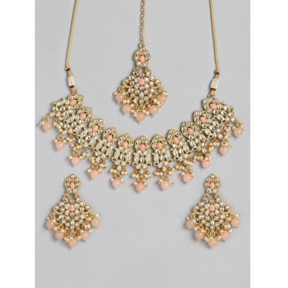 indoraa Women's Rose Gold Plated Alloy Necklace &amp; Earings Set (Pink)