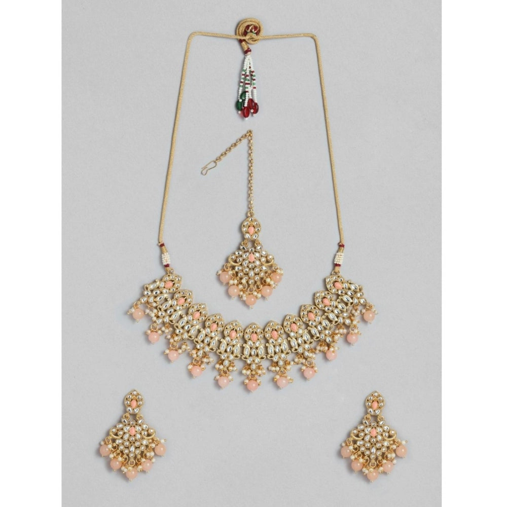 indoraa Women's Rose Gold Plated Alloy Necklace &amp; Earings Set (Pink)
