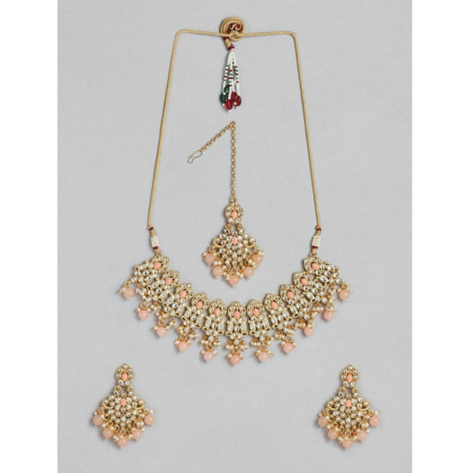 indoraa Women's Rose Gold Plated Alloy Necklace &amp; Earings Set (Pink)