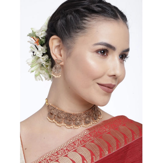 indoraa Women's Rose Gold Plated Alloy Necklace &amp; Earings Set (Gold)