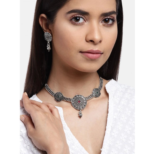 indoraa Women's Rose Gold Plated Alloy Necklace &amp; Earings Set (Silver)