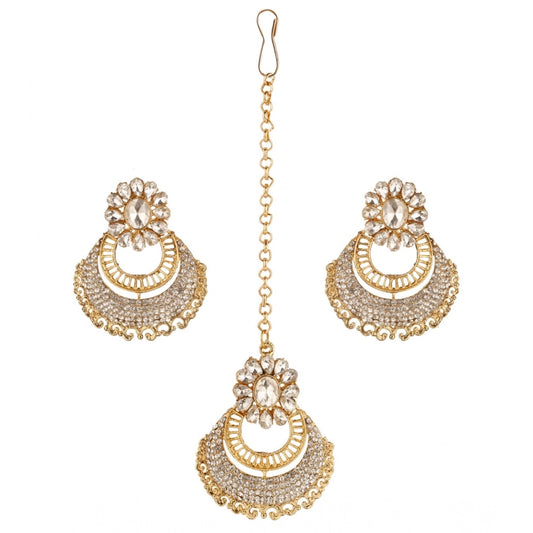 indoraa Women's Rose Gold Plated Alloy Kundan Earrings &amp; Mangtikka (White)