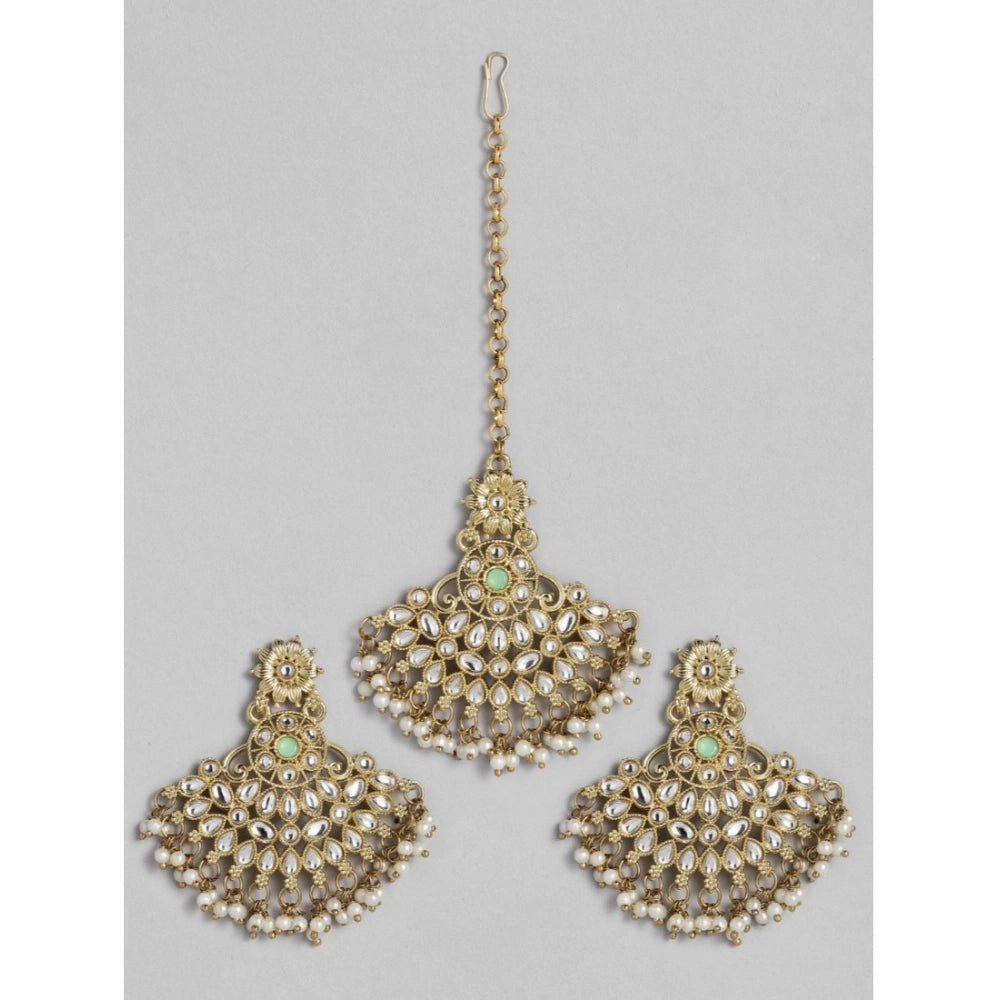 indoraa Women's Rose Gold Plated Alloy Kundan Earrings &amp; Mangtikka (White)