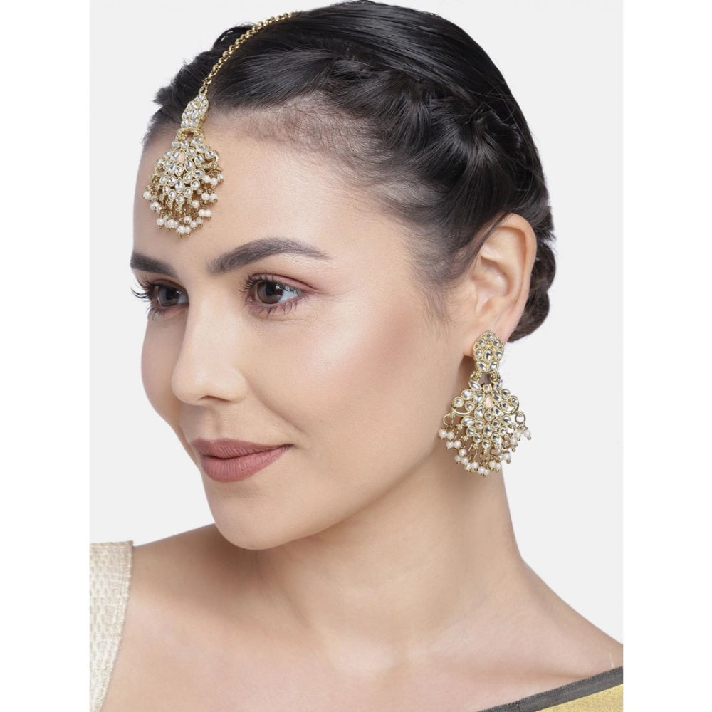 indoraa Women's Rose Gold Plated Alloy Kundan Earrings &amp; Mangtikka (White)
