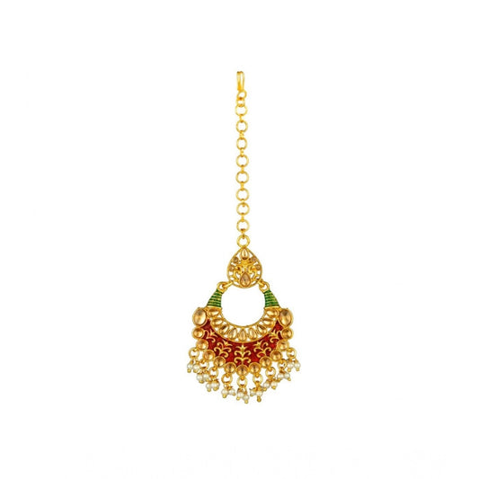 indoraa Women's Rose Gold Plated Alloy Kundan Earrings &amp; Mangtikka (Red &amp; Green)