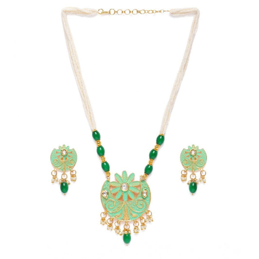 indoraa Women's Rose Gold Plated Alloy Necklace &amp; Earings Set (Green)