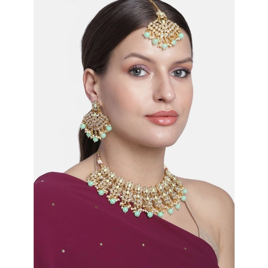 indoraa Women's Rose Gold Plated Alloy Necklace &amp; Earings Set (Light Green)
