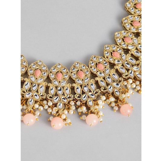 indoraa Women's Rose Gold Plated Alloy Necklace &amp; Earings Set (Pink)