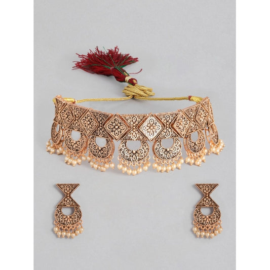indoraa Women's Rose Gold Plated Alloy Necklace &amp; Earings Set (Gold)