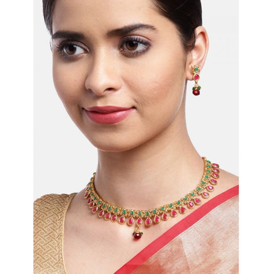 indoraa Women's Rose Gold Plated Alloy Necklace &amp; Earings Set (Green &amp; Red)