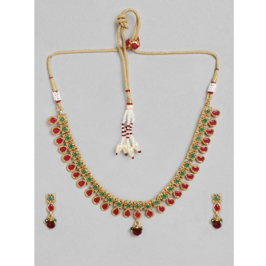 indoraa Women's Rose Gold Plated Alloy Necklace &amp; Earings Set (Green &amp; Red)