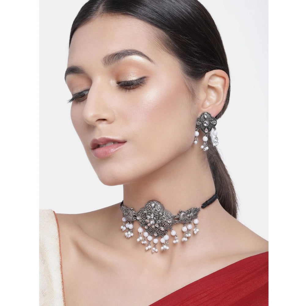 indoraa Women's Rose Gold Plated Alloy Necklace &amp; Earings Set (Silver &amp; White)