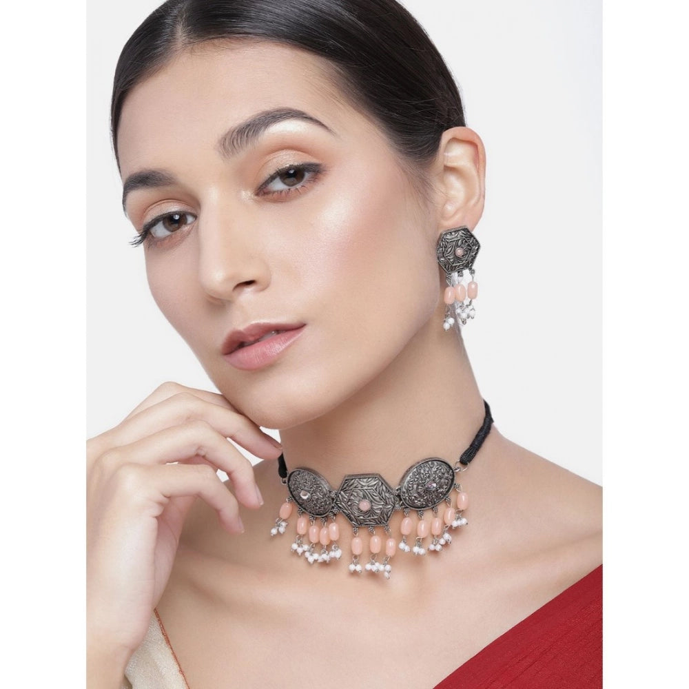 indoraa Women's Rose Gold Plated Alloy Necklace &amp; Earings Set (Orange)