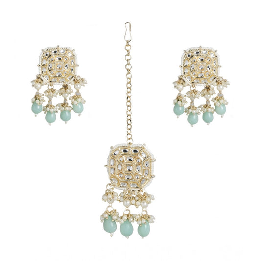 indoraa Women's Rose Gold Plated Alloy Kundan Earrings &amp; Mangtikka (White)