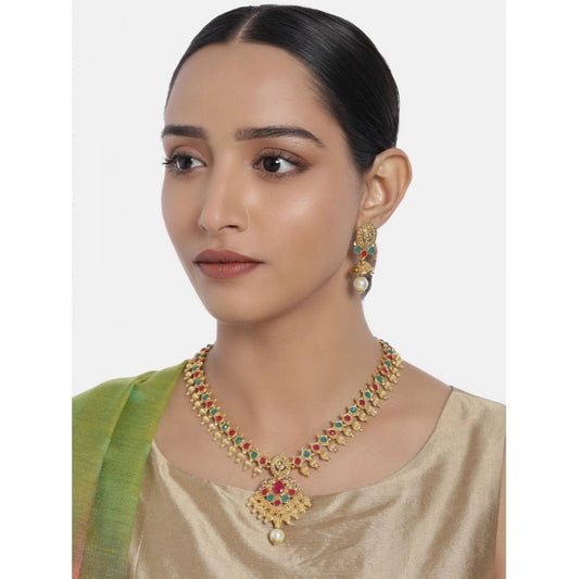 indoraa Women's Rose Gold Plated Alloy Necklace &amp; Earings Set (Green &amp; Red)