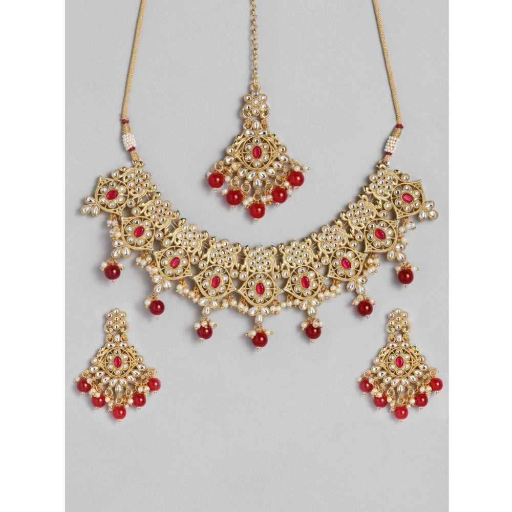 indoraa Women's Rose Gold Plated Alloy Necklace &amp; Earings Set (Red)