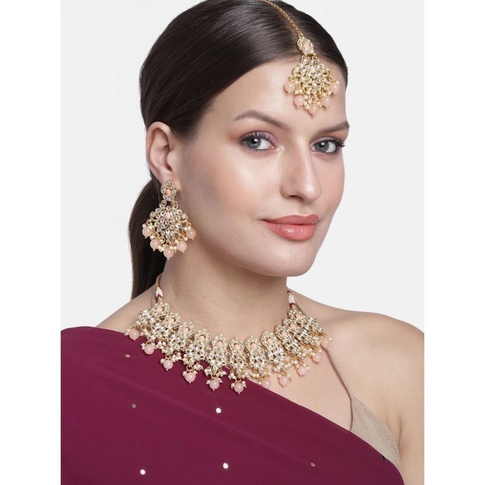 indoraa Women's Rose Gold Plated Alloy Necklace &amp; Earings Set (Pink)