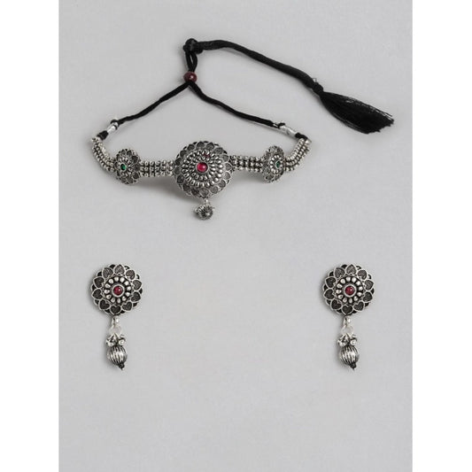 indoraa Women's Rose Gold Plated Alloy Necklace &amp; Earings Set (Silver)