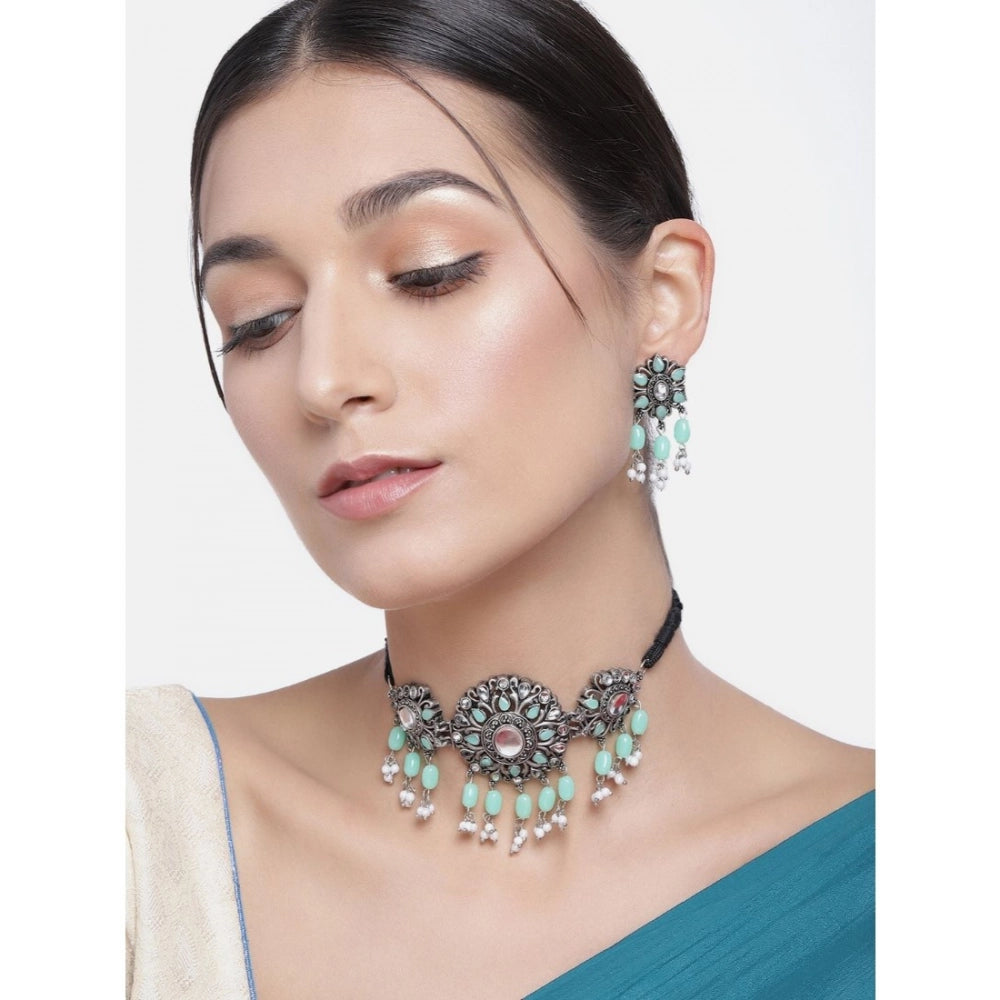 indoraa Women's Rose Gold Plated Alloy Necklace &amp; Earings Set (Light Green)
