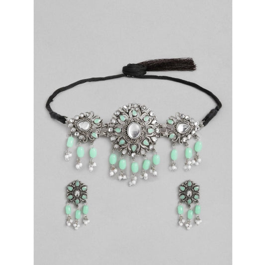 indoraa Women's Rose Gold Plated Alloy Necklace &amp; Earings Set (Light Green)