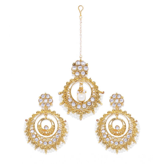 indoraa Women's Rose Gold Plated Alloy Kundan Earrings &amp; Mangtikka (White)