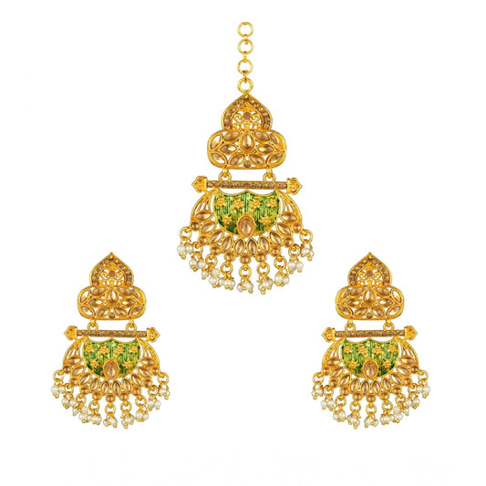 indoraa Women's Rose Gold Plated Alloy Kundan Earrings &amp; Mangtikka (Green)