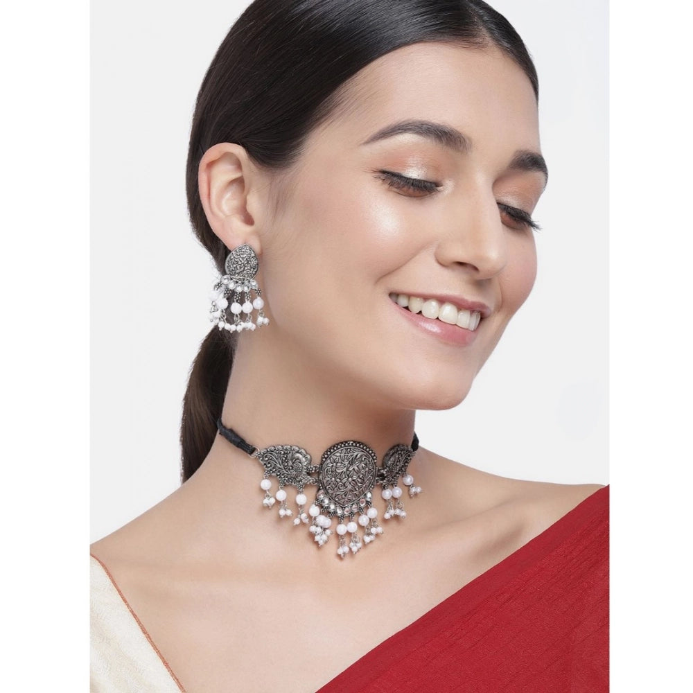 indoraa Women's Rose Gold Plated Alloy Necklace &amp; Earings Set (Silver)