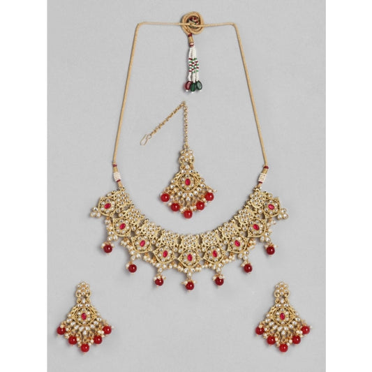 indoraa Women's Rose Gold Plated Alloy Necklace &amp; Earings Set (Red)