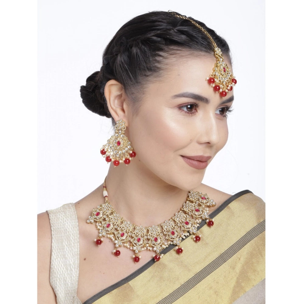 indoraa Women's Rose Gold Plated Alloy Necklace &amp; Earings Set (Red)