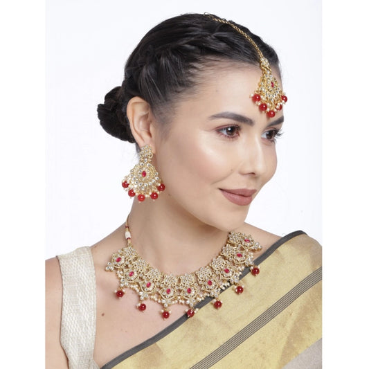 indoraa Women's Rose Gold Plated Alloy Necklace &amp; Earings Set (Red)