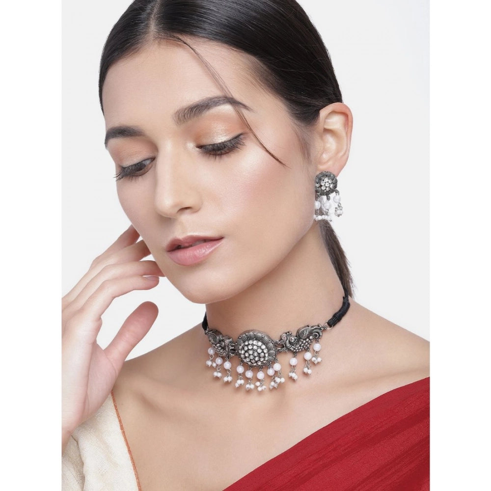 indoraa Women's Rose Gold Plated Alloy Necklace &amp; Earings Set (Silver &amp; White)