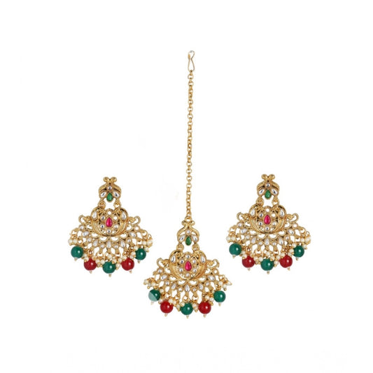 indoraa Women's Rose Gold Plated Alloy Kundan Earrings &amp; Mangtikka (Red &amp; Green)