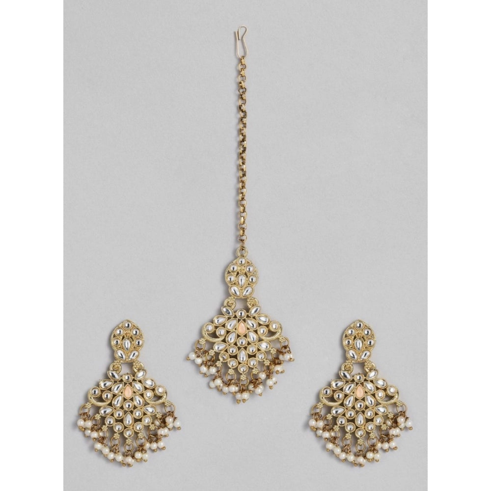 indoraa Women's Rose Gold Plated Alloy Kundan Earrings &amp; Mangtikka (White)