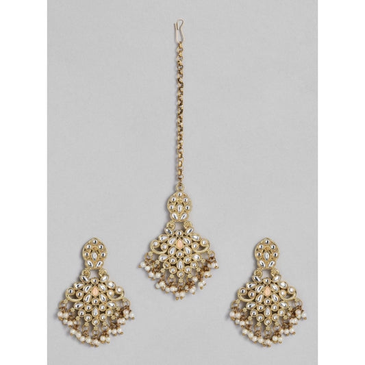 indoraa Women's Rose Gold Plated Alloy Kundan Earrings &amp; Mangtikka (White)