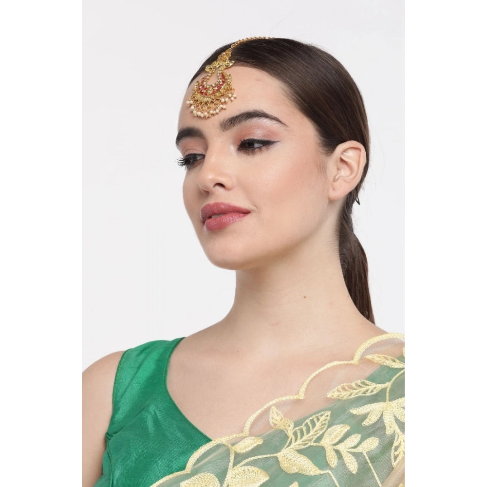 indoraa Women's Rose Gold Plated Alloy Kundan Earrings &amp; Mangtikka (Maroon)