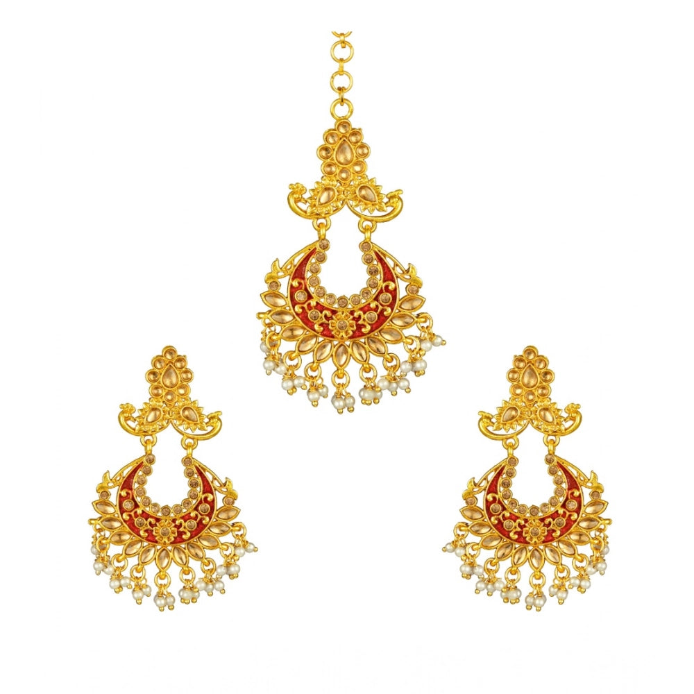 indoraa Women's Rose Gold Plated Alloy Kundan Earrings &amp; Mangtikka (Maroon)