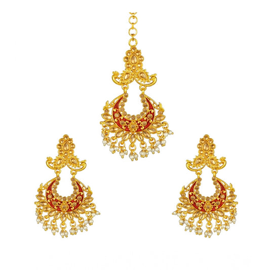 indoraa Women's Rose Gold Plated Alloy Kundan Earrings &amp; Mangtikka (Maroon)