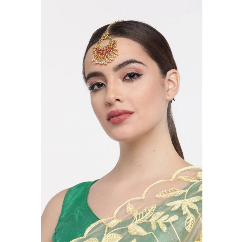 indoraa Women's Rose Gold Plated Alloy Kundan Earrings &amp; Mangtikka (Red &amp; Green)