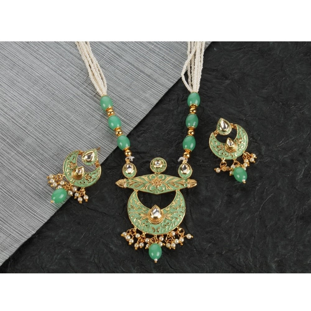 indoraa Women's Rose Gold Plated Alloy Necklace &amp; Earings Set (Green)