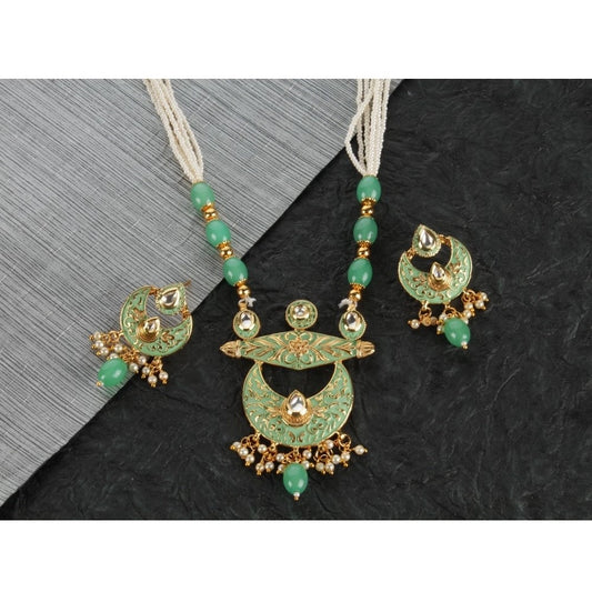 indoraa Women's Rose Gold Plated Alloy Necklace &amp; Earings Set (Green)