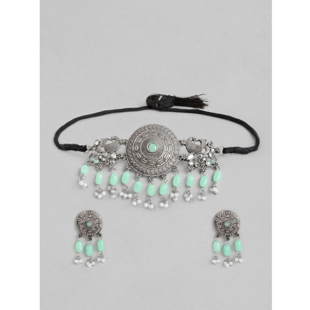 indoraa Women's Rose Gold Plated Alloy Necklace &amp; Earings Set (Light Green)