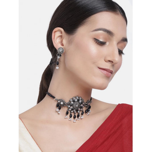 indoraa Women's Rose Gold Plated Alloy Necklace &amp; Earings Set (Black)