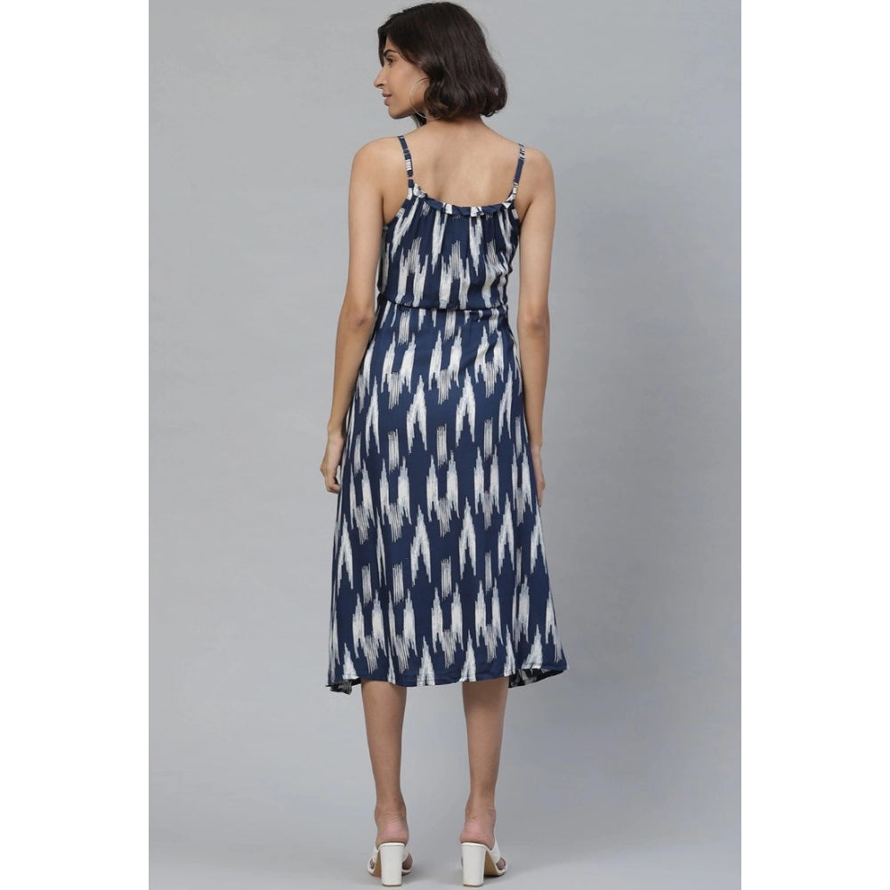 Indoraa Women's Casual Sleeveless Ikat Print Rayon Dress (Blue)