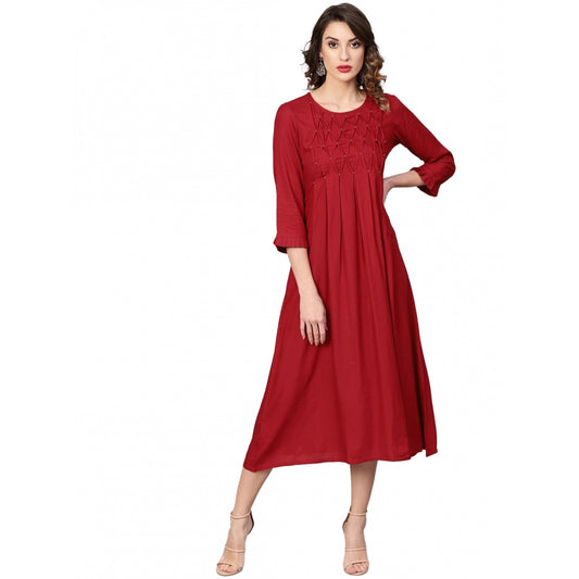 Indoraa Women's Casual 3/4 th Sleeve Solid Rayon Dobby Dress (Maroon)