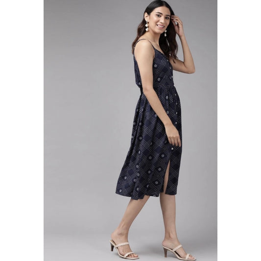Indoraa Women's Casual Sleeveless Stripe Printed Rayon Dress (Blue)