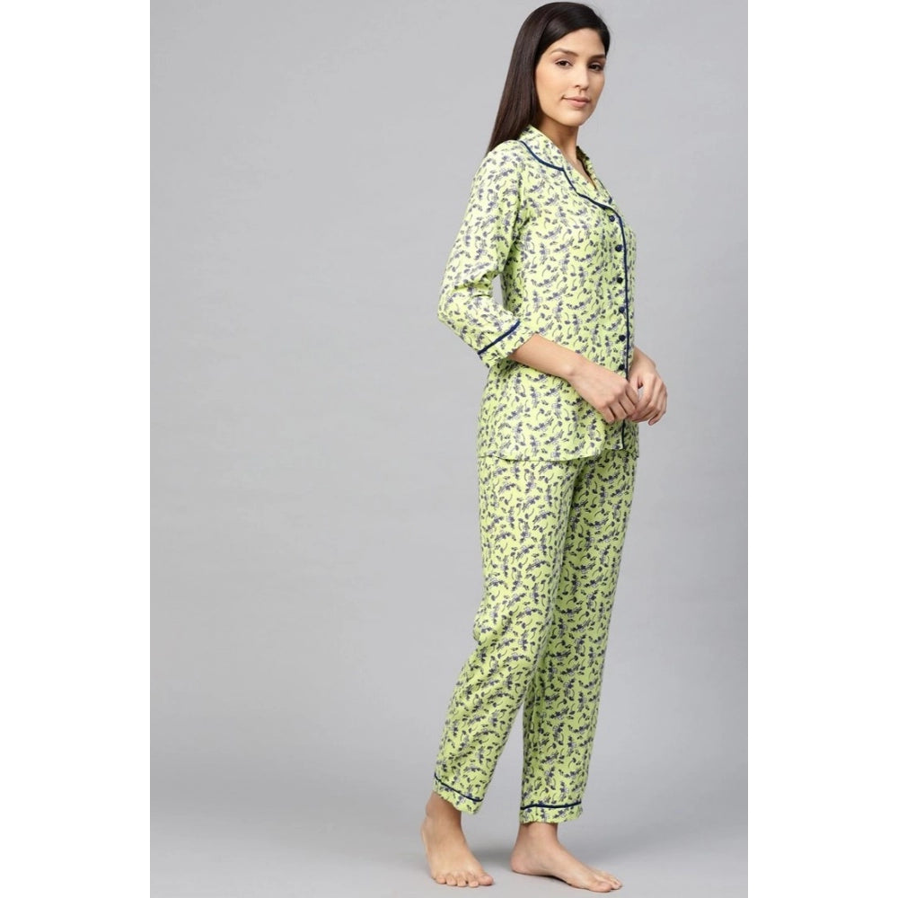 Indoraa Women's Casual 3/4 Sleeve Floral Printed Rayon Shirt With Pyjama Pant Night Suit Set (Green)
